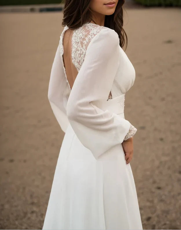 Ivory lace wedding dress long-sleeve button back long train gown lace & chiffon Wedding Dresses