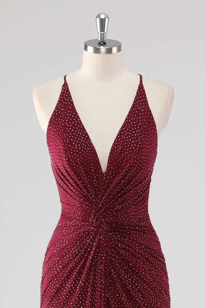 Sheath V-Neck Pleated Backless Beaded Long Formal Dress with Slit