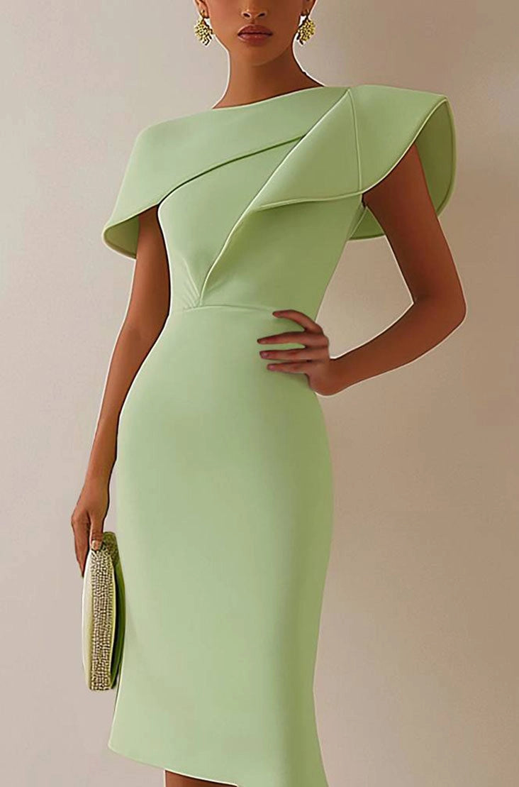 Daily Sage Green Dress Lotus Leaf Sleeve Asymmetrical Layered Bodycon Midi Dress