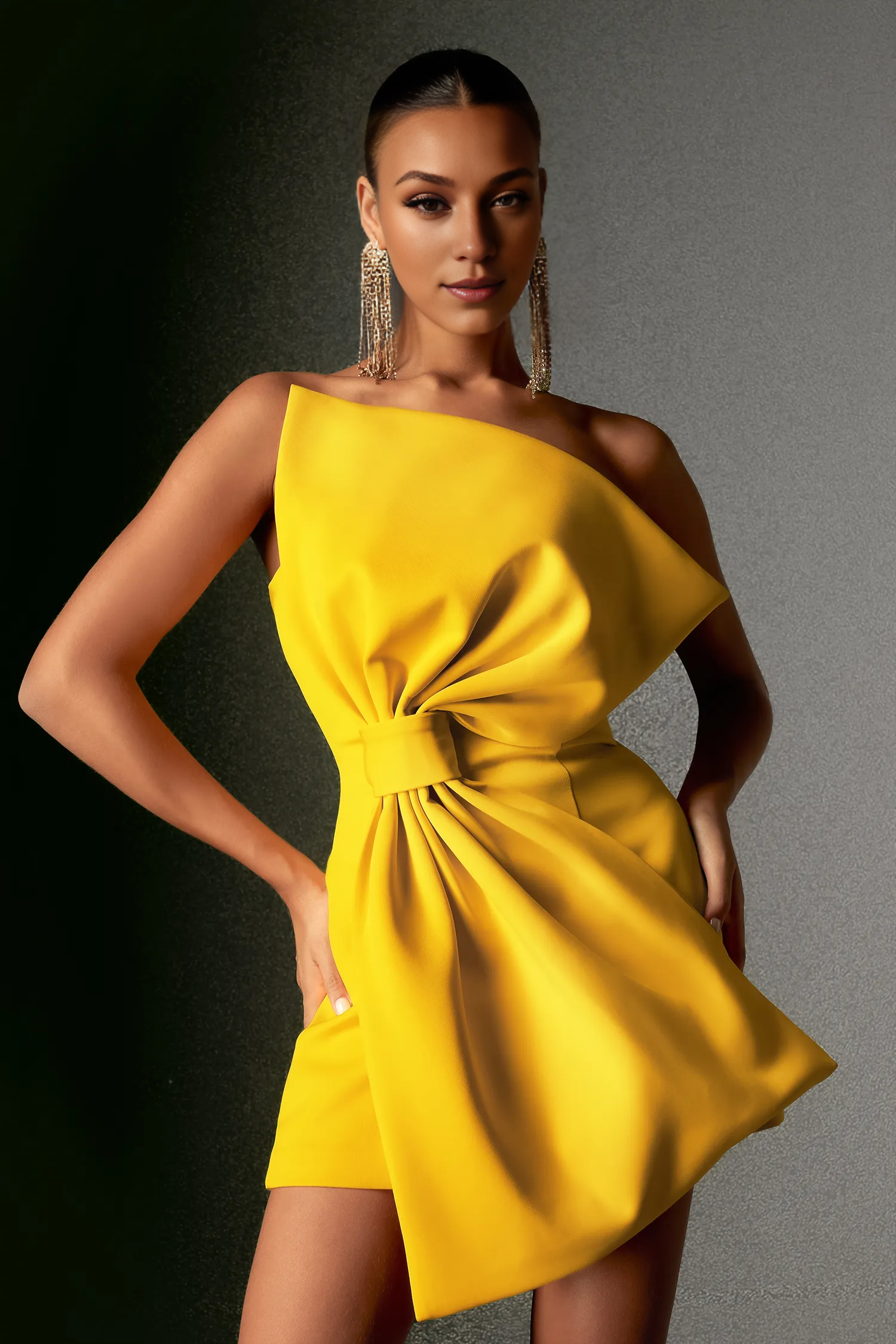 Bowknot Strapless Mini Dress - Yellow Simple gentle atmospheric and unique design