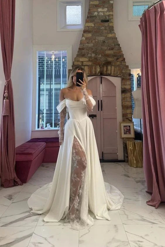 Sexy Slit Off Shoulder Lace Long Sleeves Wedding Dress