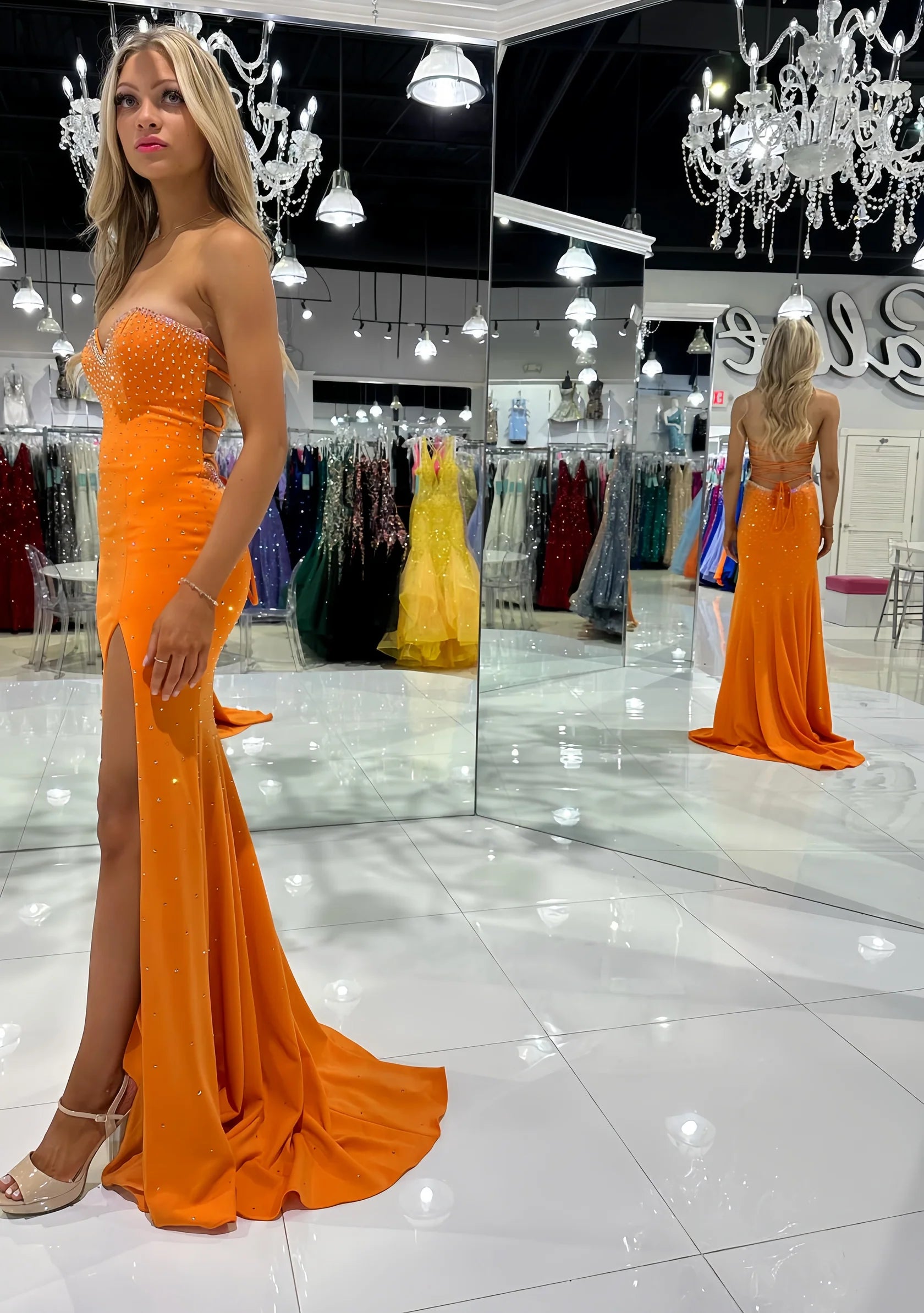 Orange Beaded Mermaid Long Prom Dress Simple atmospheric beautiful and unique design