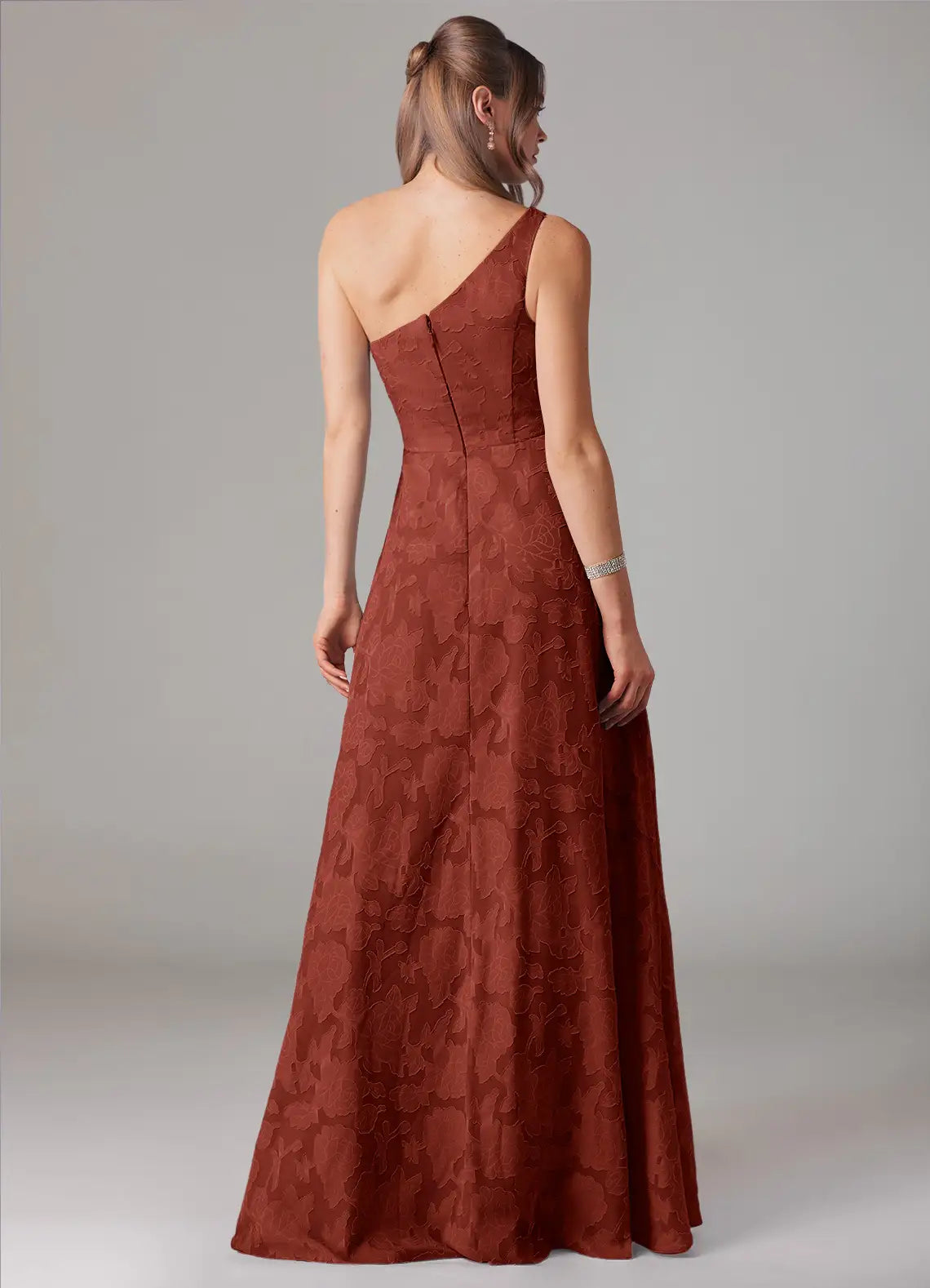 Rust One-Shoulder Jacquard Maxi Dress with Ruffled Side Slit Terracotta A-Line One Shoulder Floral Burnout Dress Bridesmaid Dresses