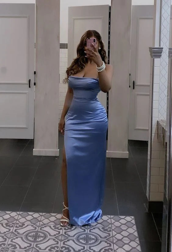 Blue Mermaid Long Prom Dress Charming Evening Dress With Side Slit