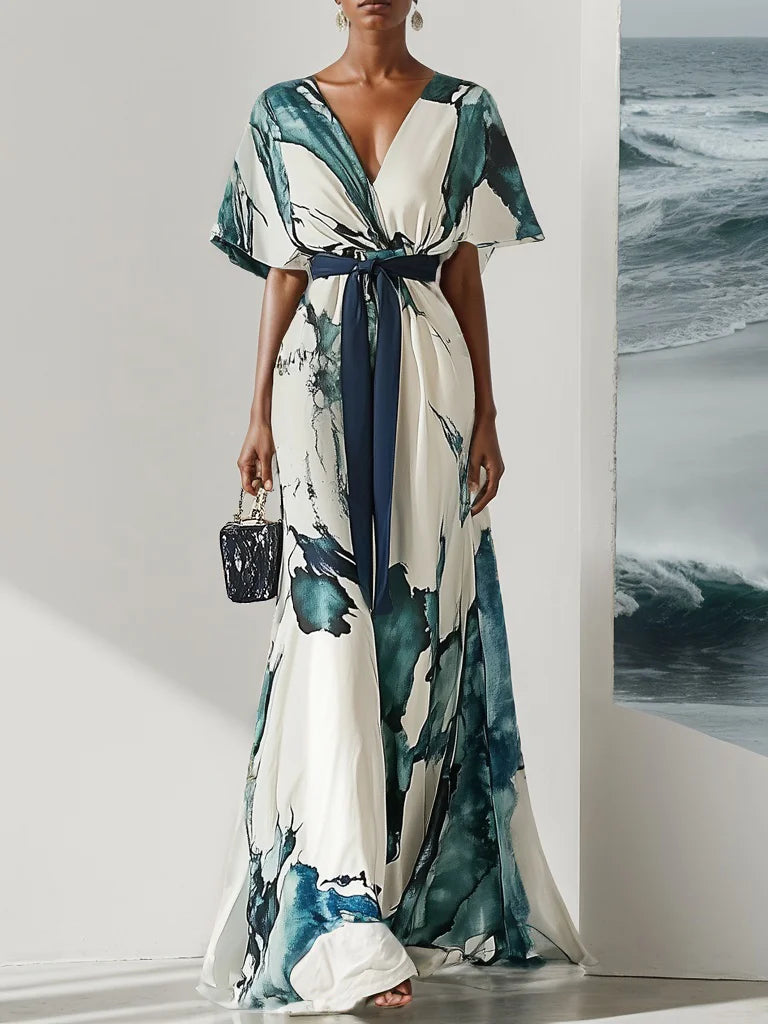 Blue Classic Floral V Neck Short Sleeve A-Line Maxi Dress