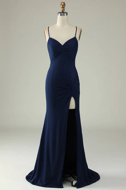 Sparkly Mermaid Sweetheart Corset Royal Blue Long Prom Dress with Slit