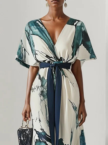 Blue Classic Floral V Neck Short Sleeve A-Line Maxi Dress