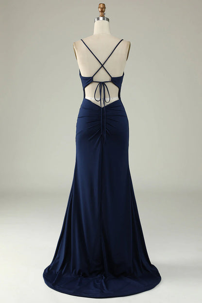 Sparkly Mermaid Sweetheart Corset Royal Blue Long Prom Dress with Slit