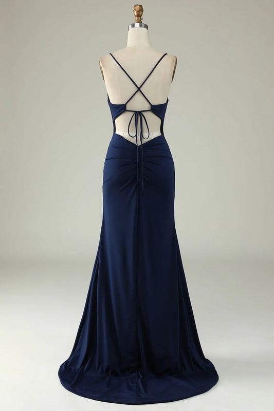 Sparkly Mermaid Sweetheart Corset Royal Blue Long Prom Dress with Slit