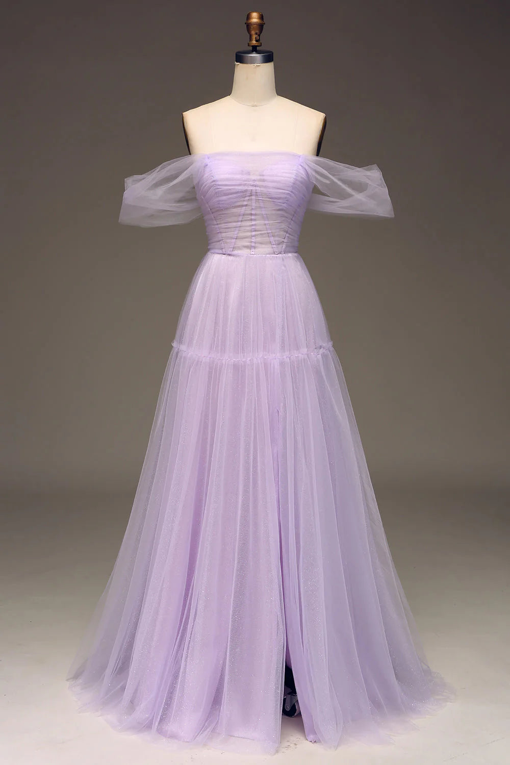 Princess Lilac Off the Shoulder A Line Tulle Prom Dress With Slit