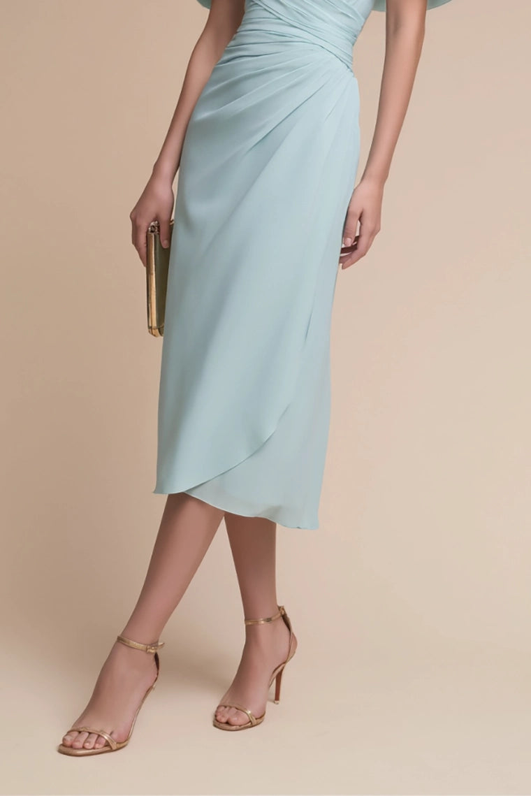 Simple beautiful generous and full of charm Prom Dress Wedding Guest Semi-Formal Dress Light Blue V-Neck Chiffon Midi Dress