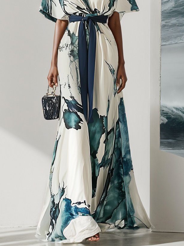 Blue Classic Floral V Neck Short Sleeve A-Line Maxi Dress