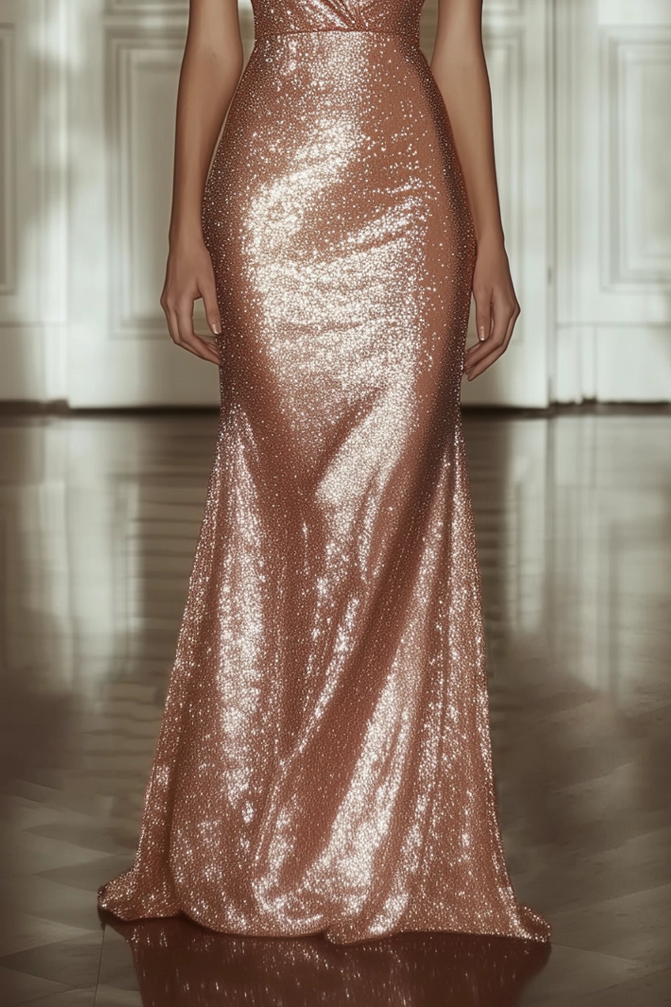 Evening Formal Sequin Dress Champagne Deep V Sleeveless Floor-Length Gown