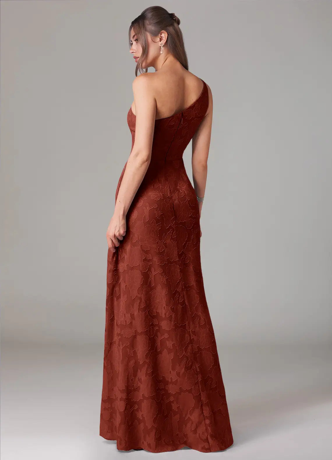 Rust One-Shoulder Jacquard Maxi Dress with Ruffled Side Slit Terracotta A-Line One Shoulder Floral Burnout Dress Bridesmaid Dresses
