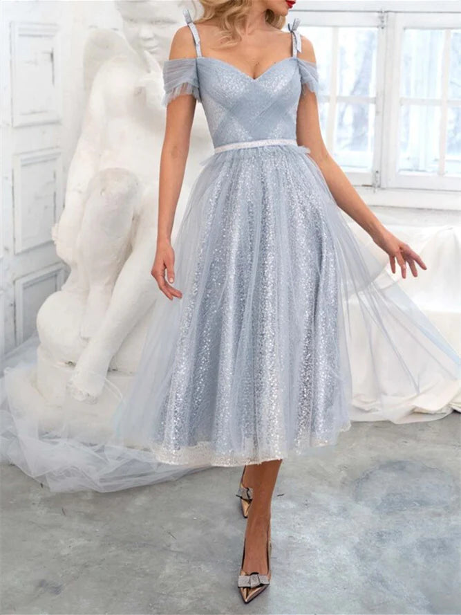 Princess Off-the-shoulder Short Sleeves Knee-Length Cocktail Dresses With Sequin Simple gentle beautiful and unique design