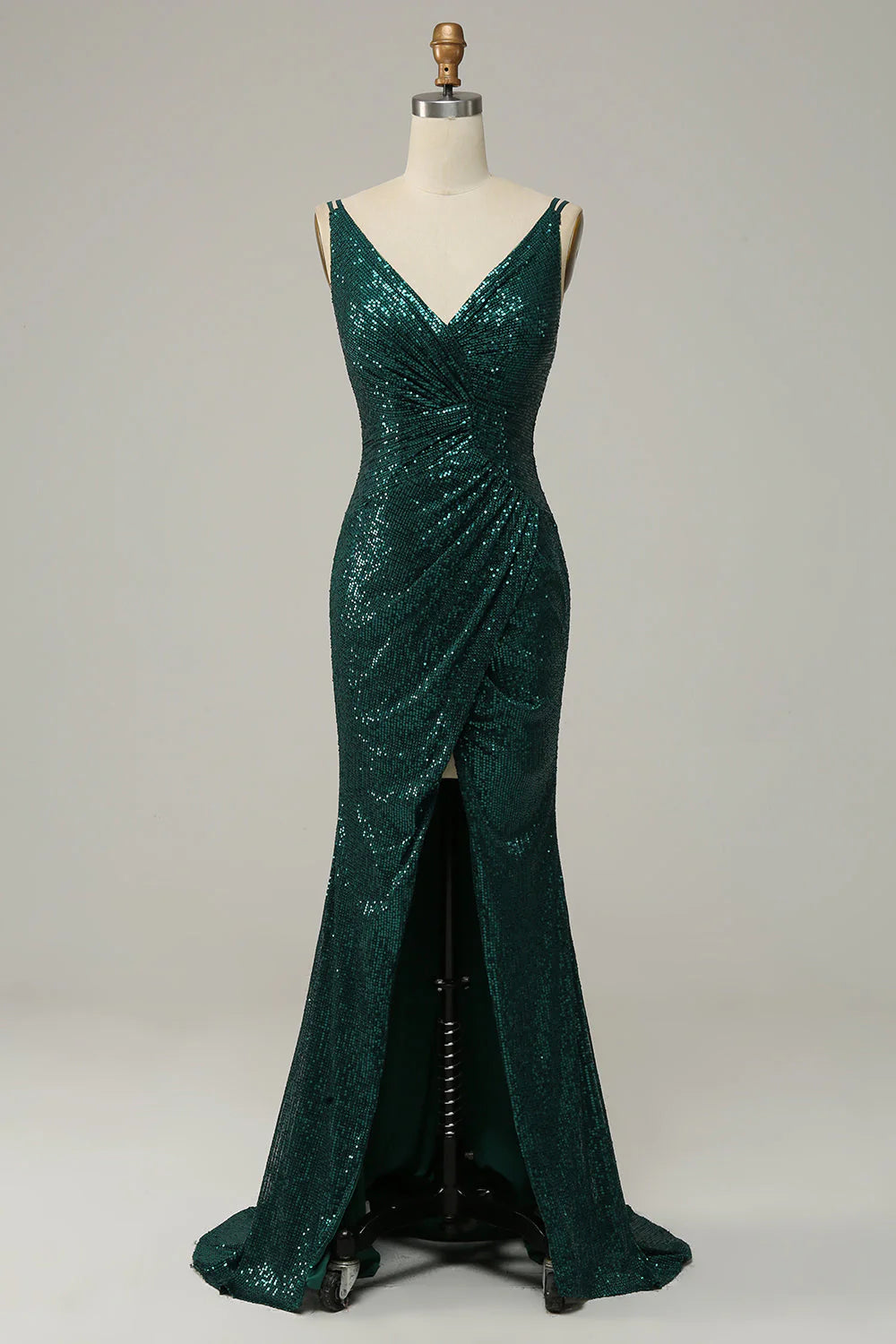 Dark Green Mermaid Sequined Spaghetti Straps Prom Dress With Slit
