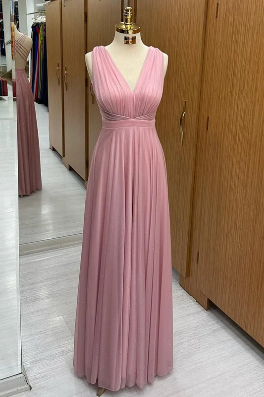 V-Neck Cross-Back A-Line Long Formal Dress