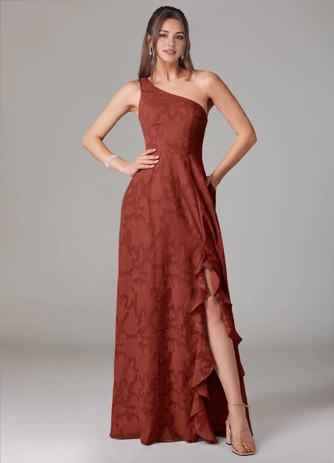 Rust One-Shoulder Jacquard Maxi Dress with Ruffled Side Slit Terracotta A-Line One Shoulder Floral Burnout Dress Bridesmaid Dresses