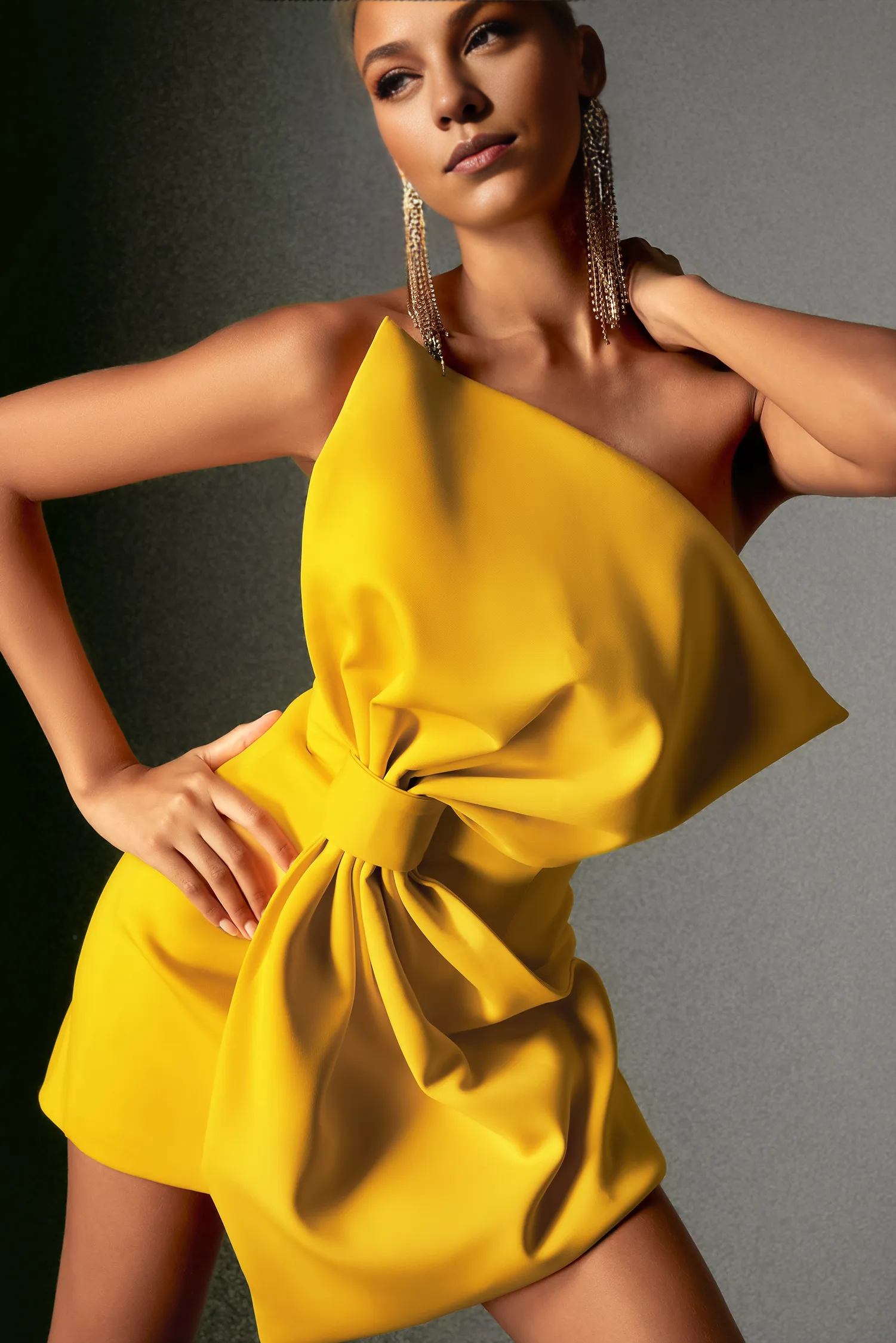 Bowknot Strapless Mini Dress - Yellow Simple gentle atmospheric and unique design