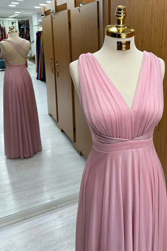 V-Neck Cross-Back A-Line Long Formal Dress