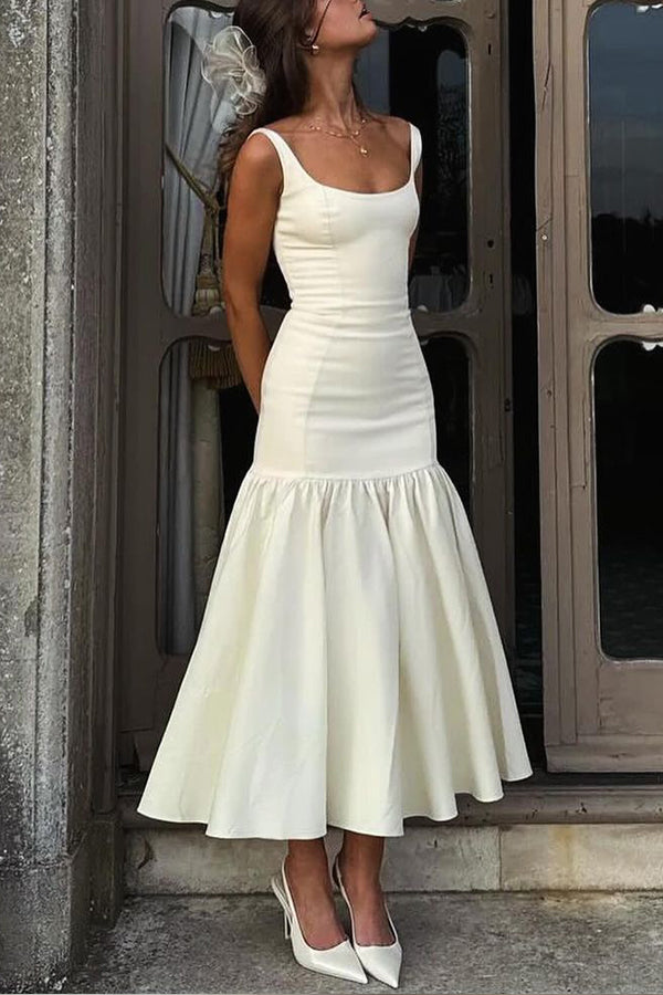 Graceful Silhouette Square Neck Wide Strap Drop Waist Midi Dress Simple atmospheric beautiful and unique desi