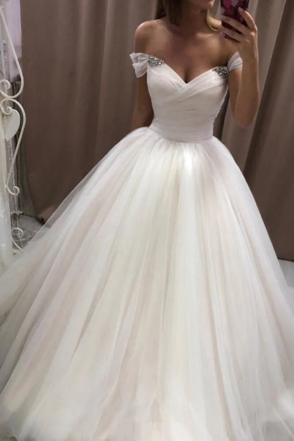 Off the Shoulder Tulle Wedding Dresses Pleated Ivory Wedding Gowns with Lace Up Simple Bridal Dress
