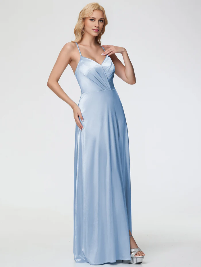 Sky Blue Prom Dress Spaghetti Straps V-Neck Pleated Open Back Stretch Satin Prom Dress With Slit