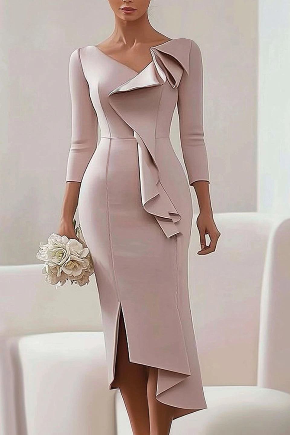 Wedding Guest Work Dress Ruffle V Neck Midi Dress Mother of the Bride Dress