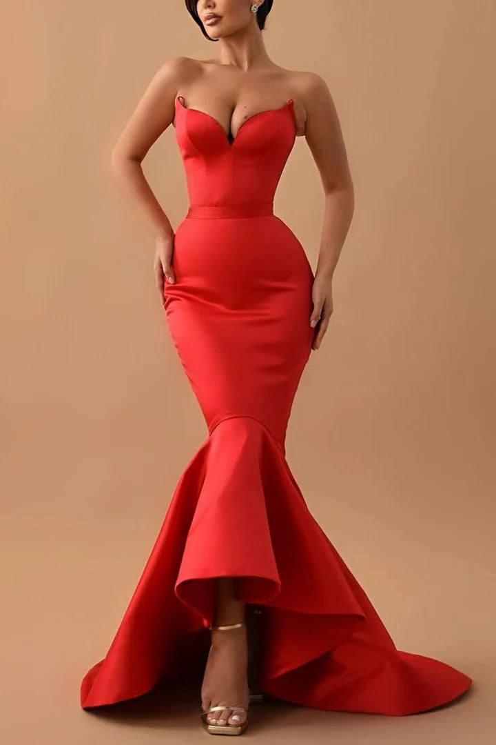 Strapless V-Neck Sleeveless Satin Mermaid Pleated Long Prom Dress