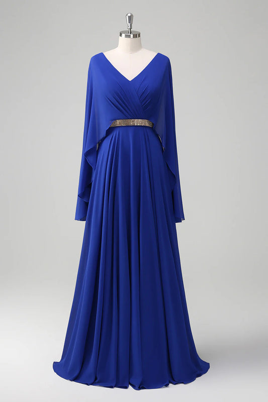 A-Line V Neck Ruched Long Mother of the Bride Dress with Beading