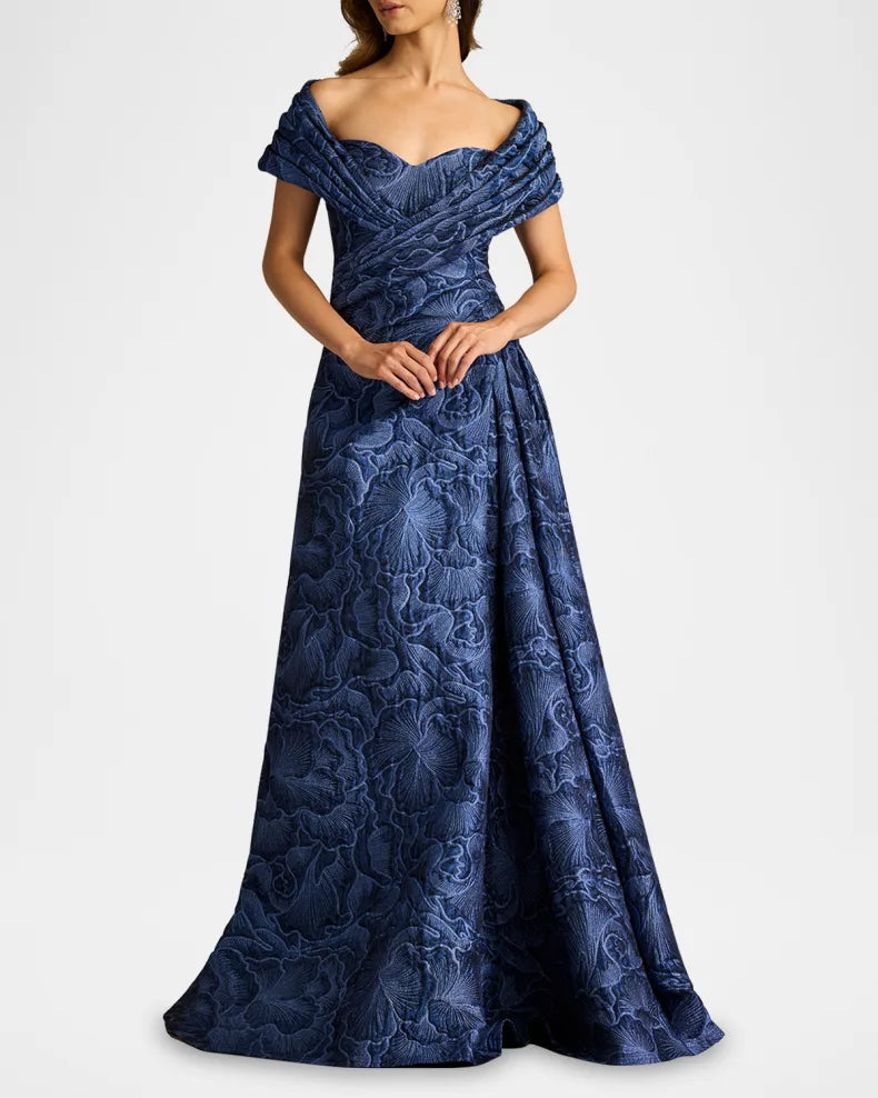 Pleated Off-Shoulder Floral Jacquard Gown Beautiful and charming simple and unique design