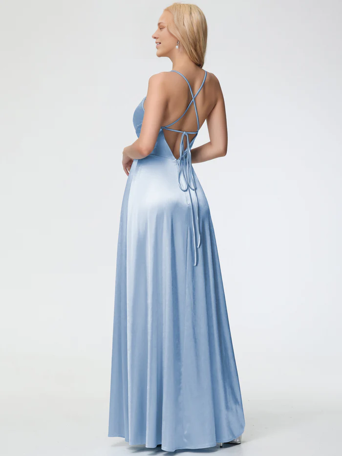 Sky Blue Prom Dress Spaghetti Straps V-Neck Pleated Open Back Stretch Satin Prom Dress With Slit
