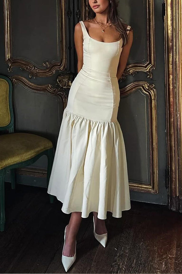 Graceful Silhouette Square Neck Wide Strap Drop Waist Midi Dress Simple atmospheric beautiful and unique desi