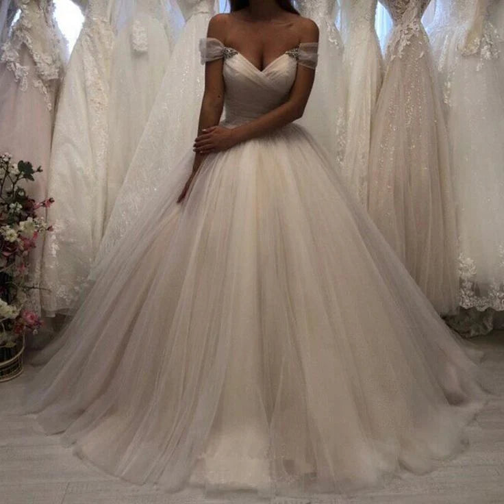 Off the Shoulder Tulle Wedding Dresses Pleated Ivory Wedding Gowns with Lace Up Simple Bridal Dress