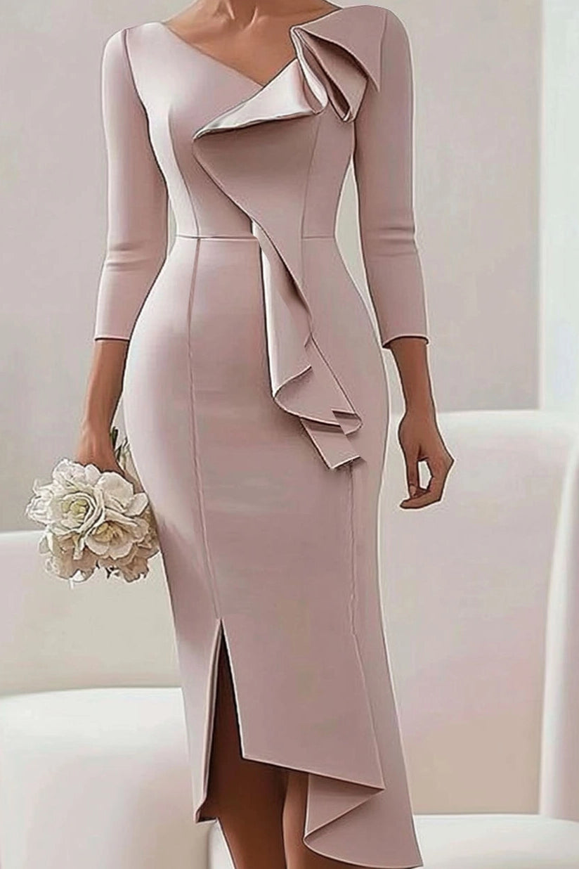 Wedding Guest Work Dress Ruffle V Neck Midi Dress Mother of the Bride Dress