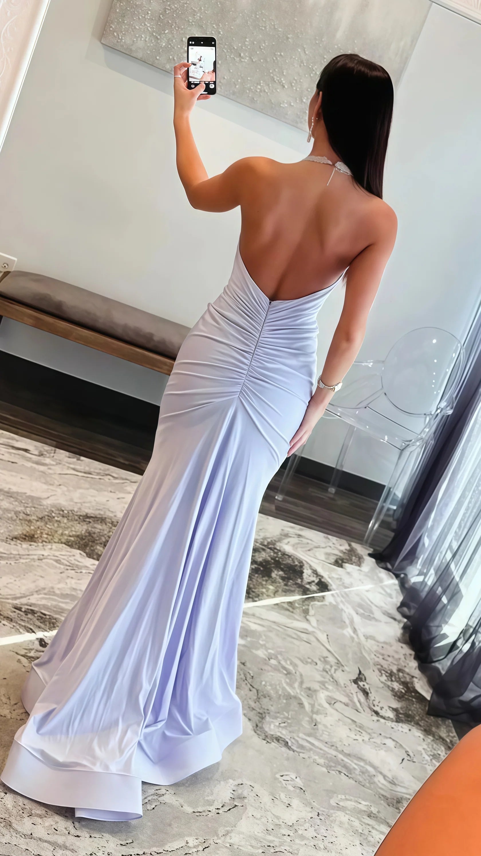 Sexy Mermaid Beautiful elegant and unique design Prom Dress Halter Lilac Mermaid Prom Dress Pearl Beaded Backless Glam Gown
