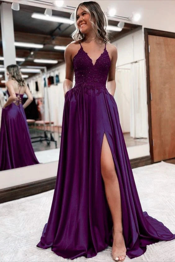 long a-line satin prom dresses v-neck split formal gown with lace appliques
