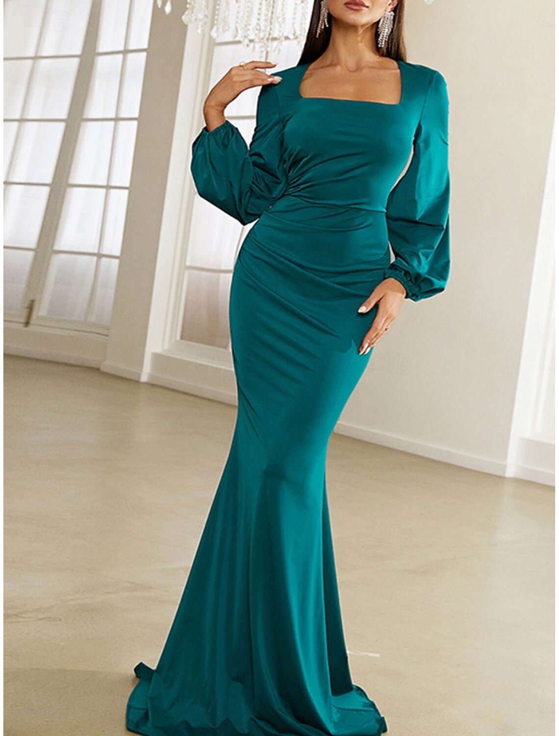 Dress Mother of the Bride Dress Elegant Square Neck Sweep / Brush Train Polyester Long Sleeve with Solid Color