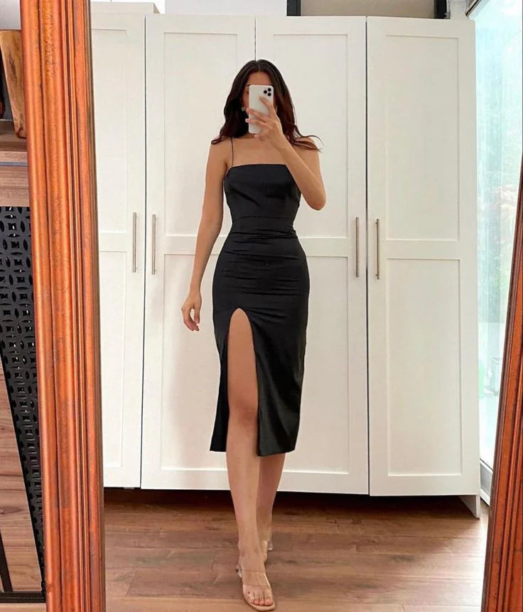 Black evening dress mid-length dress with slit