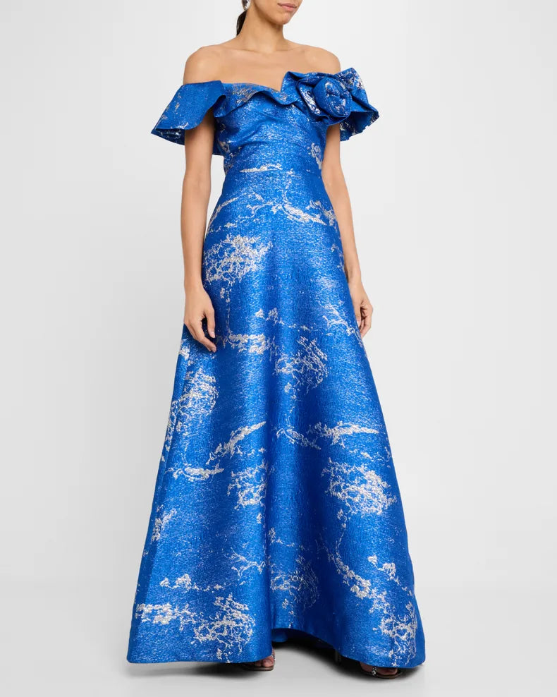 Off-Shoulder Metallic Jacquard Gown Beautiful and charming simple and unique design