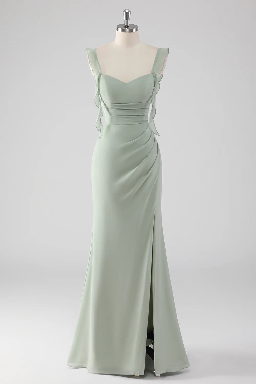 Sage Green Ruffled Sweetheart Neck Evening Gown Sage Green Ruffled Sheath Lace-Up Back Long Bridesmaid Dress with Slit Evening Dress