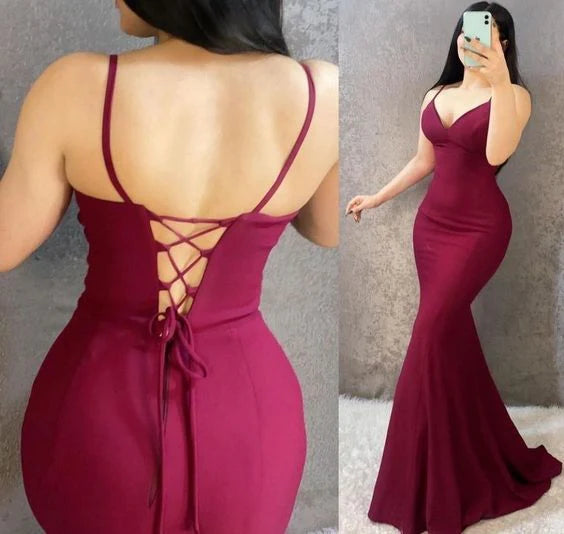 burgundy sleeveless spaghetti-straps prom evening dress