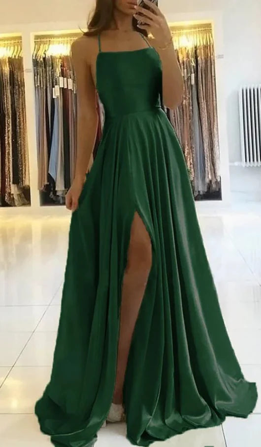 Amazing Spaghetti Straps Satin Sexy Slit Dark Green Prom Dress