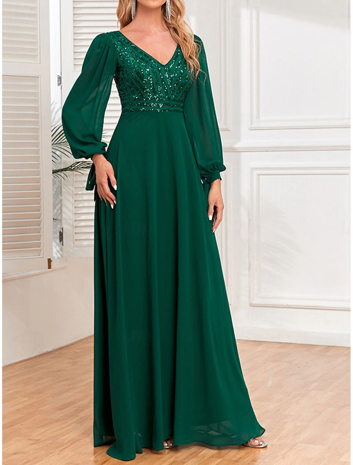 Dress Mother of the Bride Dress Elegant V Neck Floor Length Chiffon Long Sleeve with Sequin