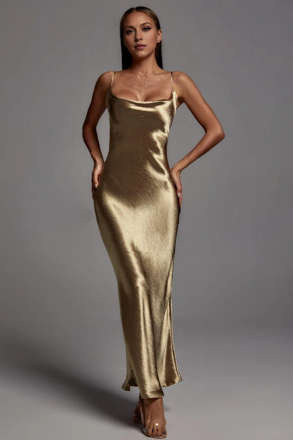 Emily Metallic Gold Maxi Dress Simple gentle atmospheric and unique design