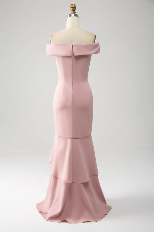 Dusty Rose High Low Asymmetrical Off The Shoulder Party Dress