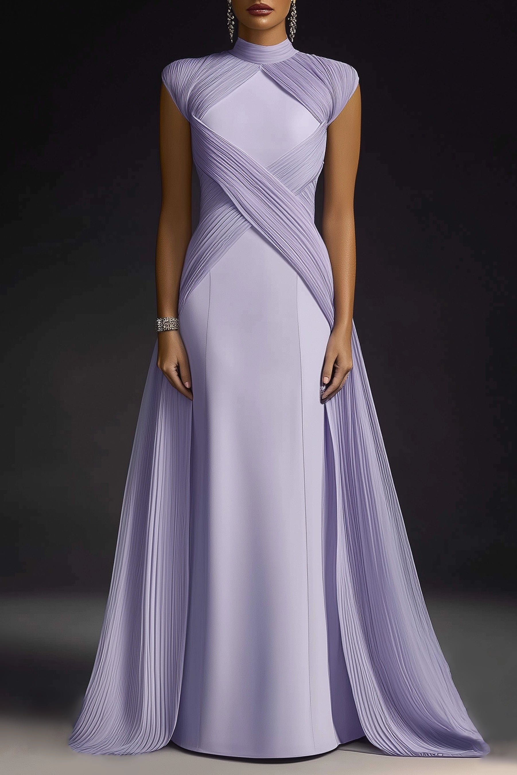 Formal Evening Dress Purple Stand Collar Pleated Train Gown