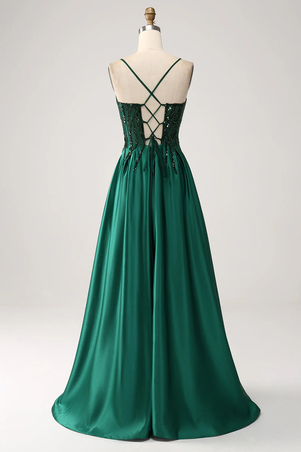 Sparkly Dark Green A-Line Spaghetti Straps Long Prom Dress With Sequins