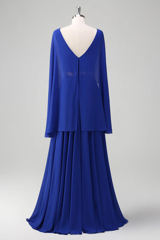 A-Line V Neck Ruched Long Mother of the Bride Dress with Beading