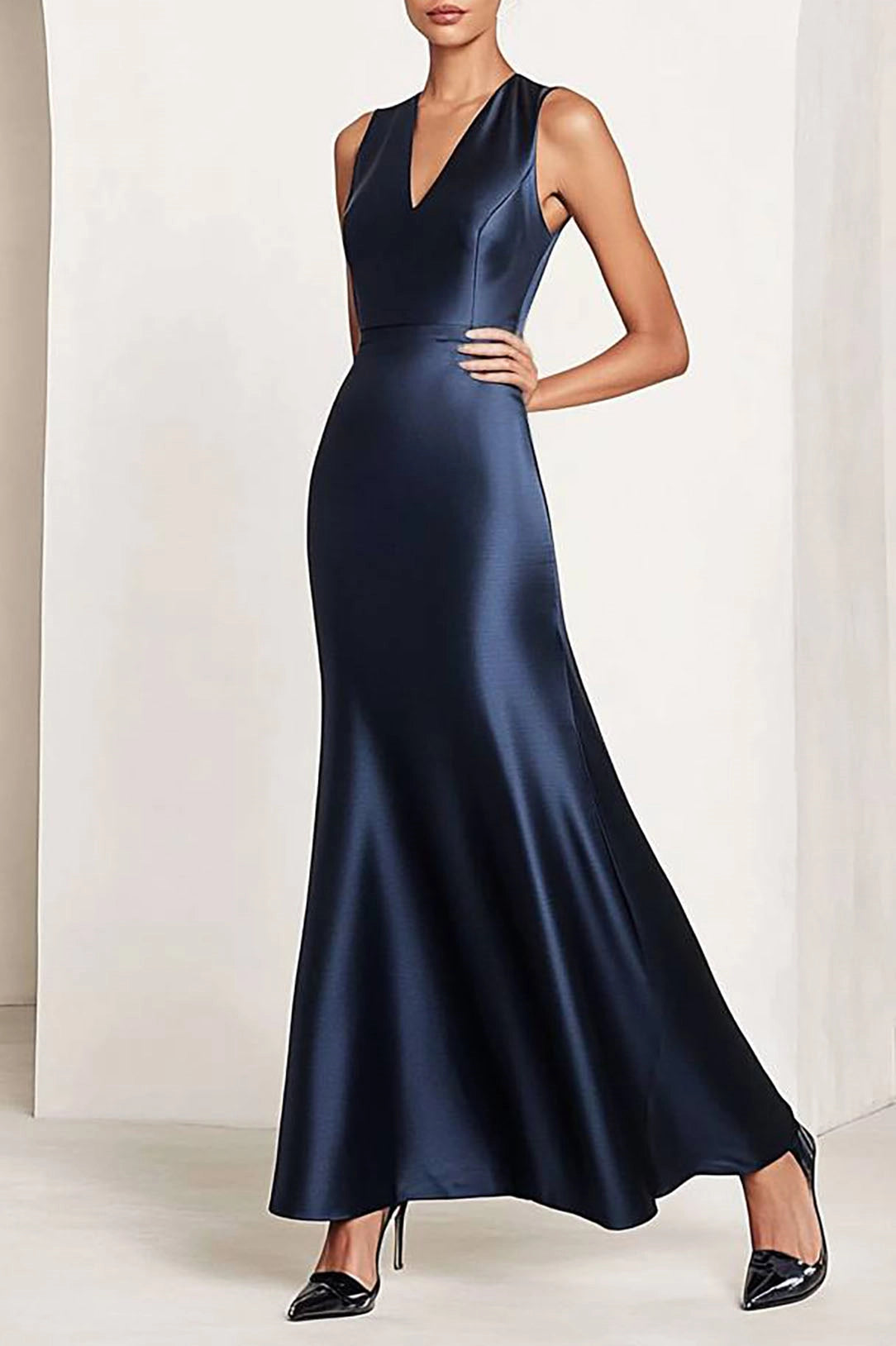 Party Satin Dress Navy V-neck Sleeveless Basic Maxi Dress